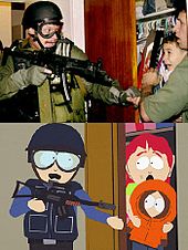 Montage: On top, an armored man with a rifle reaches for a scared young boy being held in the arms of an adult male in an open closet. On bottom, a frame from an animated show mimicking the picture above, with an adult female instead holding a young boy.