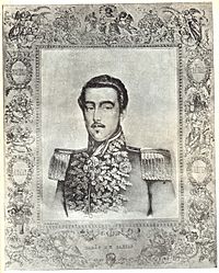 Lithograph depicting a dark-haired young man with moustache wearing a heavily embroidered military tunic with epaulettes and several medals and orders at his neck