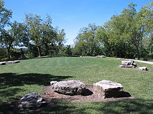 The declared site of a Latter Day Saint Temple, Joseph Smith dedicated the site in October 1838. However, efforts to build the temple were halted by the expulsion of the Latter Day Saints from Missouri.