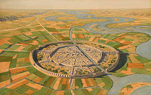 A wide valley with a meandering river and a straight canal branching off and flowing through a circular city with two concentric city walls, surrounded by agricultural fields