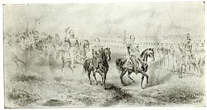 Drawing depicting a group of mounted men in dress uniform who are inspecting lines of troops