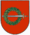 A coat of arms depicting a sword with a gold hilt and a silver blade penetrating a green wreath all on a red background