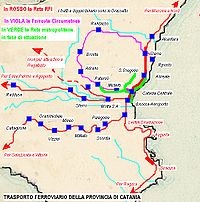 Карта провинции Катания. Фиолетовым цветом выделена Circumetnea, красным - ширококолейные железнодорожные линии