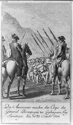 Die Americaner machen das Corps des General Bourgoyne zu Gefangnen, bey Saratoga, am 16ten Octobr. 1777.jpg