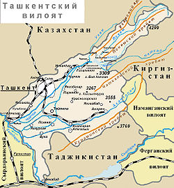 Река Чирчик на схематической карте Ташкентского вилоята