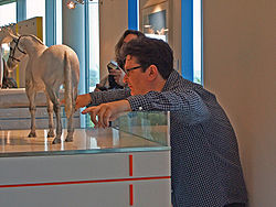 Марк Уоллингер позирует прессе около модели лошади