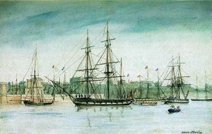 «Бигль» (в центре) близ берегов Австралии во время третьего путешествия. Акварель Оуэна Стенли, 1841 год