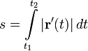 s=\int\limits_{t_1}^{t_2}|\mathbf{r'}(t)|\,dt